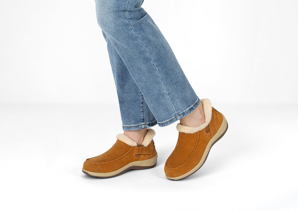 Lorin Hands-Free Slipper Shoes – Camel | Suede Faux Fur Lined Women's Slip-On