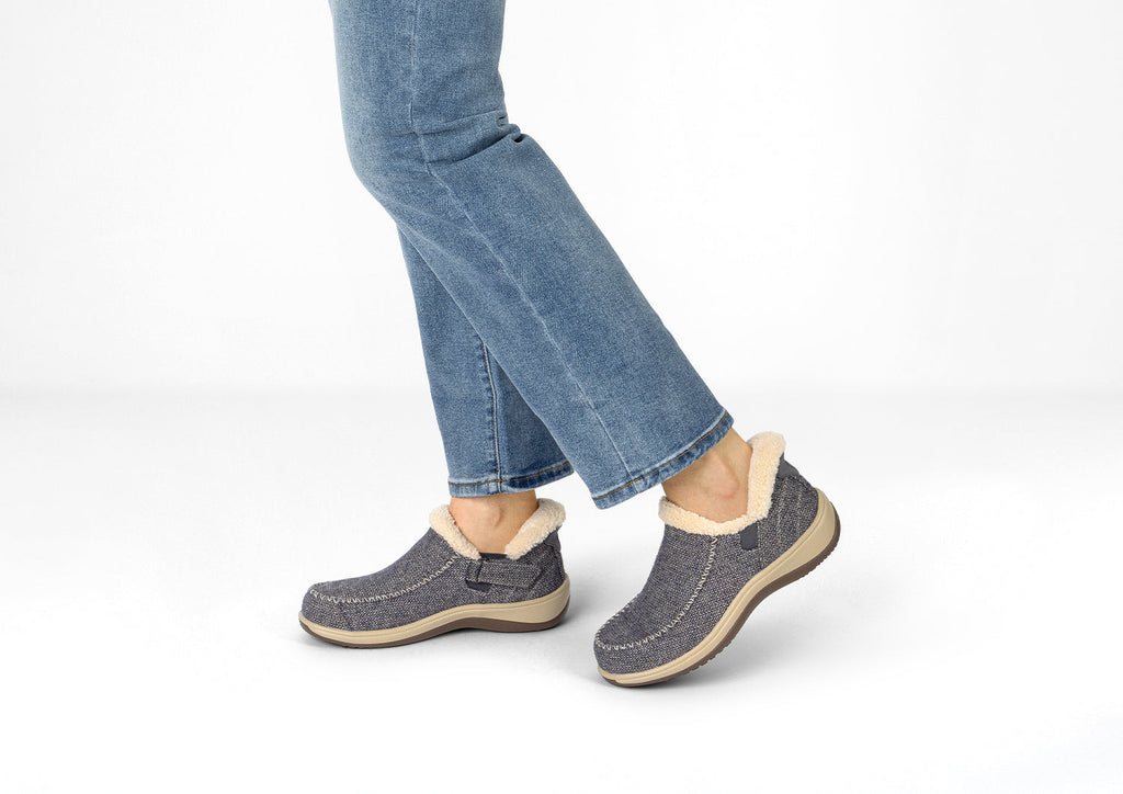 Lorin Hands-Free Slipper Shoes – Blue Herringbone Wool | Faux Fur Lined Women's Slip-On
