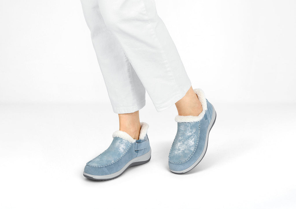 Lorin Hands-Free Slipper Shoes – Blue Shimmer | Suede Faux Fur Lined Women's Slip-On