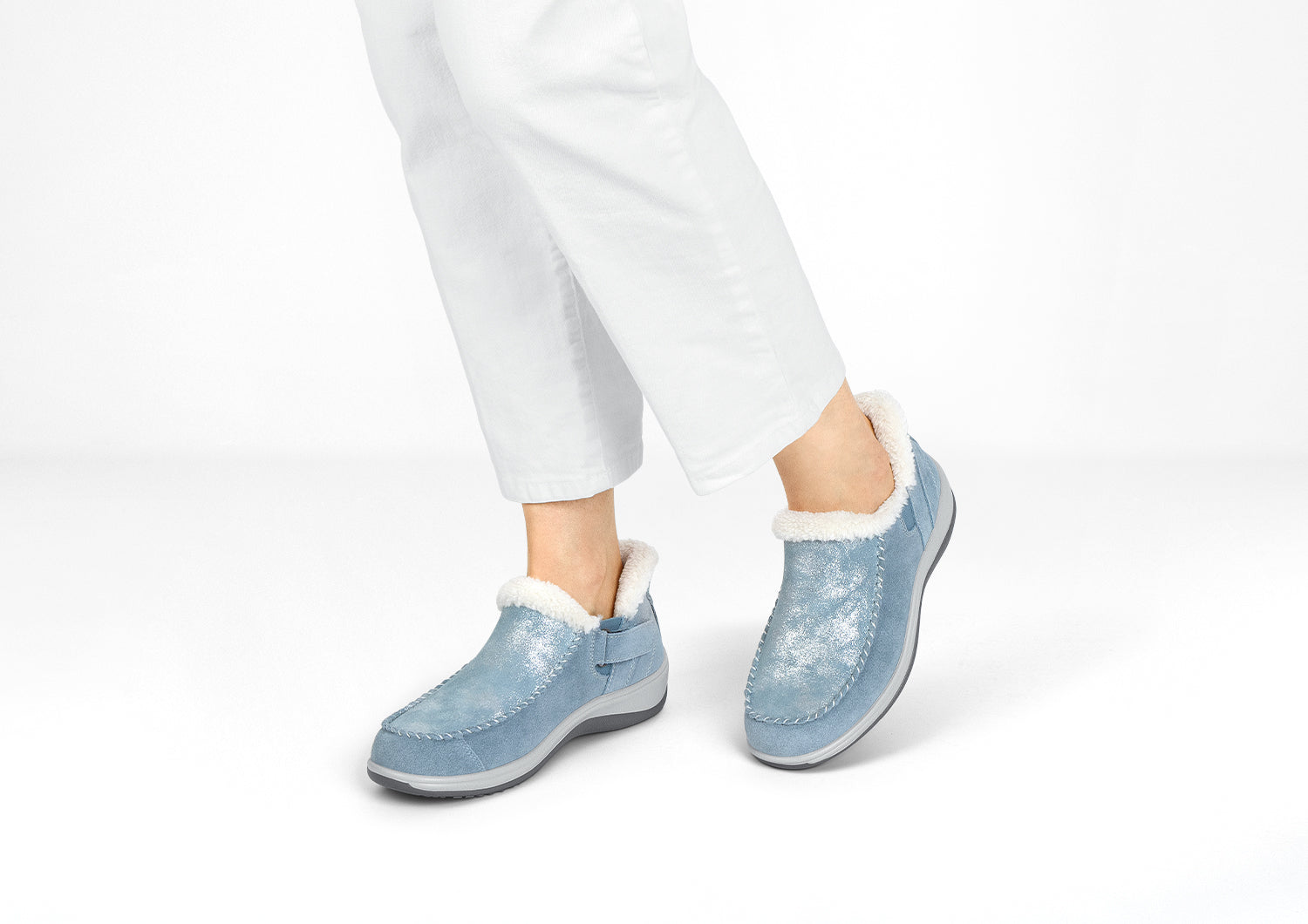Lorin Hands-Free Slipper Shoes – Blue Shimmer | Suede Faux Fur Lined Women's Slip-On