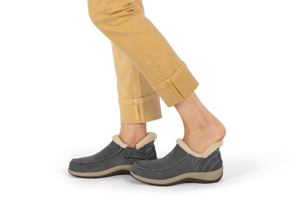 Lorin Hands-Free Slipper Shoes – Gray | Suede Faux Fur Lined Women's Slip-On