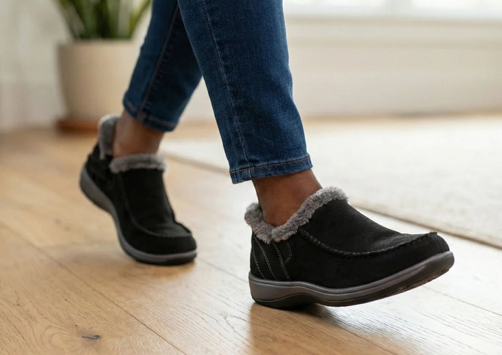 Lorin Hands-Free Slipper Shoes – Black | Suede Faux Fur Lined Women's Slip-On