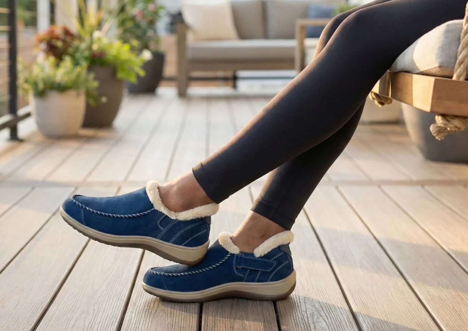 Lorin Hands-Free Slipper Shoes – Sapphire | Suede Faux Fur Lined Women's Slip-On