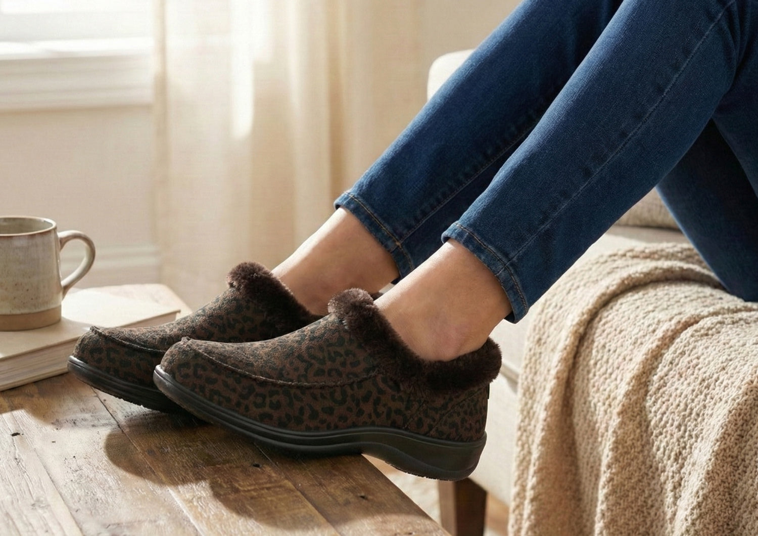 Lorin Hands-Free Slipper Shoes – Leopard | Suede Faux Fur Lined Women's Slip-On