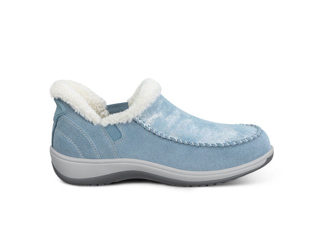 Lorin Hands-Free Slipper Shoes – Blue Shimmer | Suede Faux Fur Lined Women's Slip-On